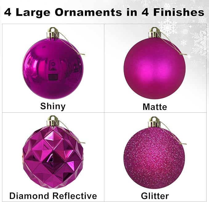 Fuchsia 4.0" Large Christmas Balls - Christmas Tree Decoration Ornaments Shatterproof Hanging Balls for Birthday Halloween Holiday Wedding Decorations Set of 4pcs