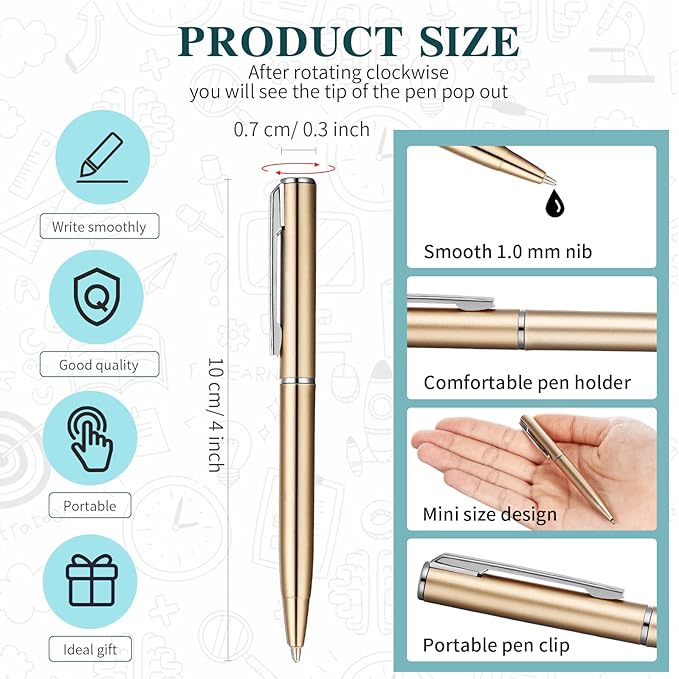 Teling 72 Pcs Small Ballpoint Pen Mini Pens Bulk 4 Inch Short Small Tiny Black Ink Ballpoint Writing Tool for Notebook Pockets Signature Notepads School Office(Champagne,Classic Style)