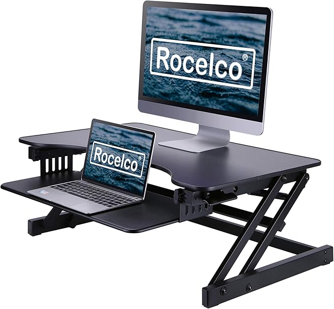 Rocelco 32" Height Adjustable Standing Desk Converter - Slide Out Retractable Keyboard Tray - Sit Stand Up Double Monitor Riser - Dual Piston Lift Assist Tabletop Computer Workstation - Black (R ADRB)