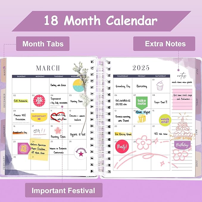 Planner 2025-2026, 18 Months Large Academic Daily Weekly Monthly Planner Organizer, July. 2025 - Dec. 2026, 8.5x9.8" Agenda with Page Tabs, Separator Page, Pocket Folder, Bookmark, Stickers & Sticky Note Set