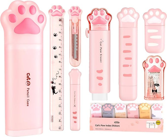 9Pcs Cute School Supplies, Cute Stationery,Includs Pencil Sharpener,Eraser, Correction Tape,Sticky Notes, Ruler, Scissors,Utility Knife, for Cute Office Supplies