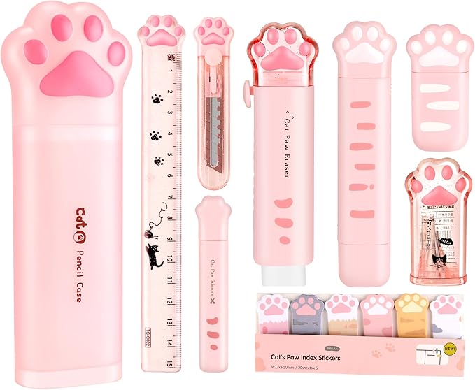 Cute Pink School Supplies, Kawaii Stationary Set, Japanese Stationery Birthday GIFS, Includes Pencil Sharpener,Eraser, Correction Tape, Ruler, Mini Scissors,Utility Knife, for Office Supplies