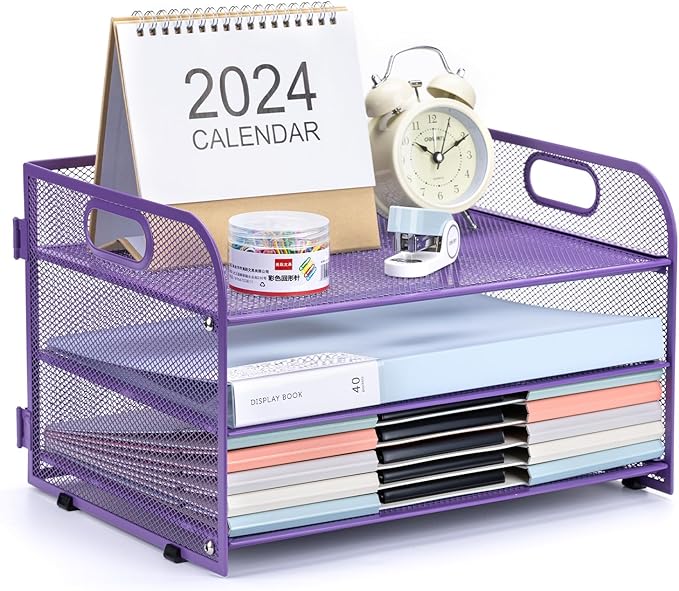 3-Tier Letter Tray Paper Organizer with Handle,Compact Mesh Desk File Organizer for Home Office Supplies Desktop Accessories,Purple