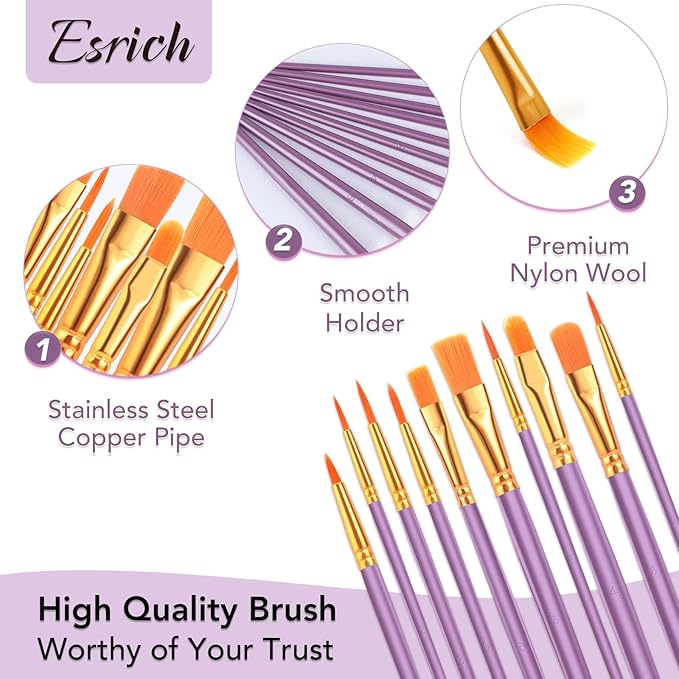 ESRICH Acrylic Paint Brushes Set, 24 Packs/240 Pcs, Nylon Brush Head, Suitable for Acrylic, Oil, Watercolor, Rock Body Face Nail Art,Perfect Suit of Art Painting.(Purple)