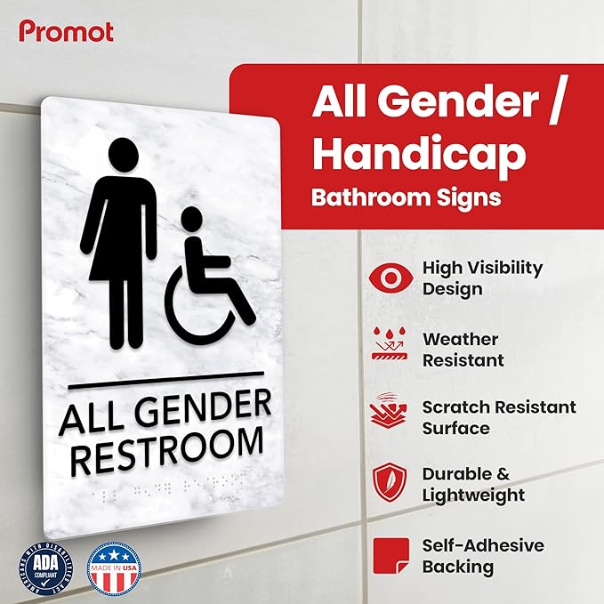 Promot All Gender Handicap Bathroom Sign – ADA Braille Restroom Sign for Business, Self-Adhesive, 9" x 6", Commercial Door Signage, Office Wall Decor - Marble White