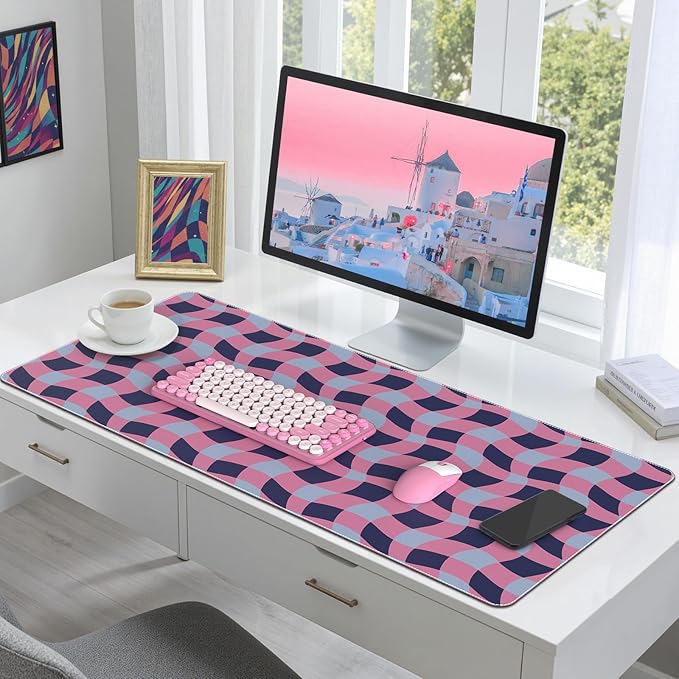 HAOCOO Checkered Desk Mat, 35.4" x 15.7" Leather Desk Matt, XXL Mouse Pad Office Decor, Non-Slip Keyboard Pads, Water Resistant Table Mat, Stitched Edge Keyboard Pad for School, Home(Pink)