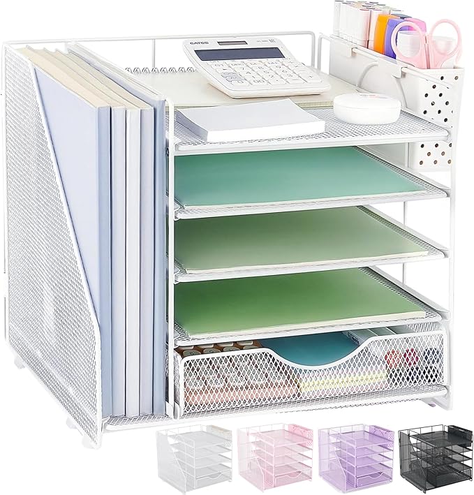 Desk Organizer with Drawer and Pen Holder, 5-Tier Paper Letter Tray Organizer with File Holder, Suitable for Workspace Organizer Office Supplies Storage (White)