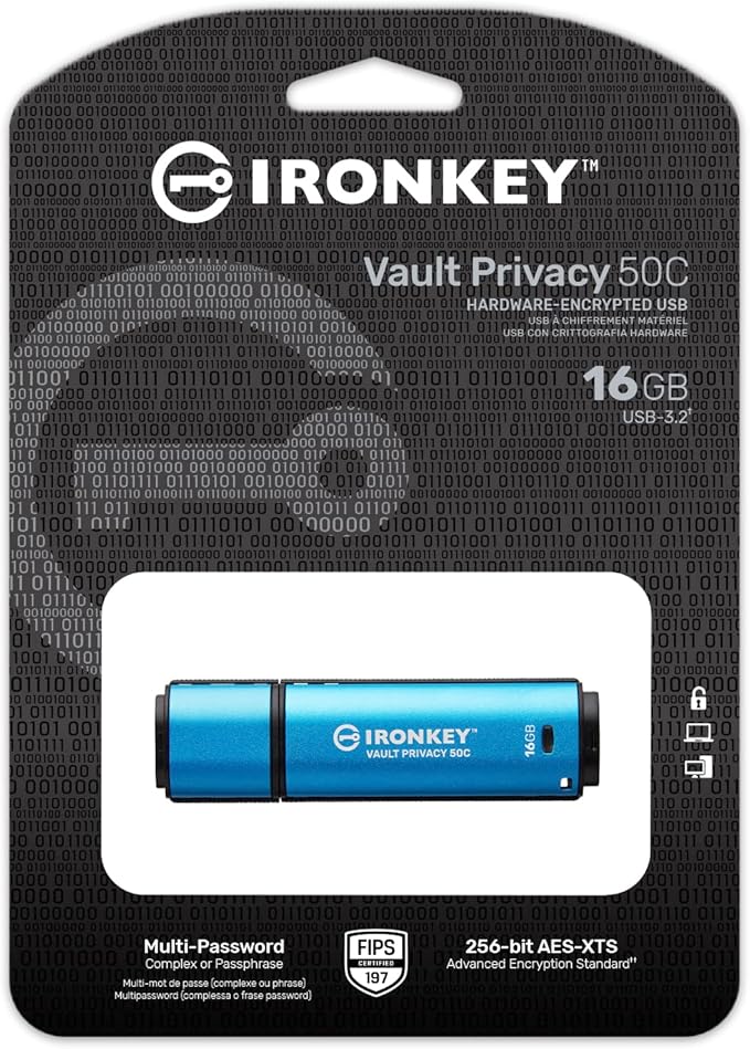 Kingston Ironkey Vault Privacy 50 USB-C 16GB Flash Drive | FIPS 197 Certified | XTS-AES 256-bit | BadUSB and Brute Force Protection | Mult-Password Option | IKVP50C/16GB