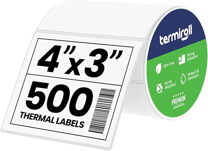4x3 Thermal Labels for Shipping, Mailing & Multipurpose Label Stickers – 500 Labels/Roll Perforated – Compatible with Rollo,Zebra,iDPRT,Munbyn – Strong Adhesive,BPA-Free,Commercial Grade by Termiroll