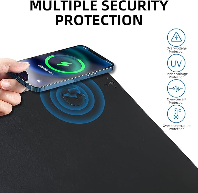 Wireless Charging Mouse Pad with for Desktop Charging Large Desk Mat 36"x17" Waterproof Black Leather Computer Mat Mousepad Non-Slip Protector on Top of Desks for Keyboard and Mouse(Black-L)