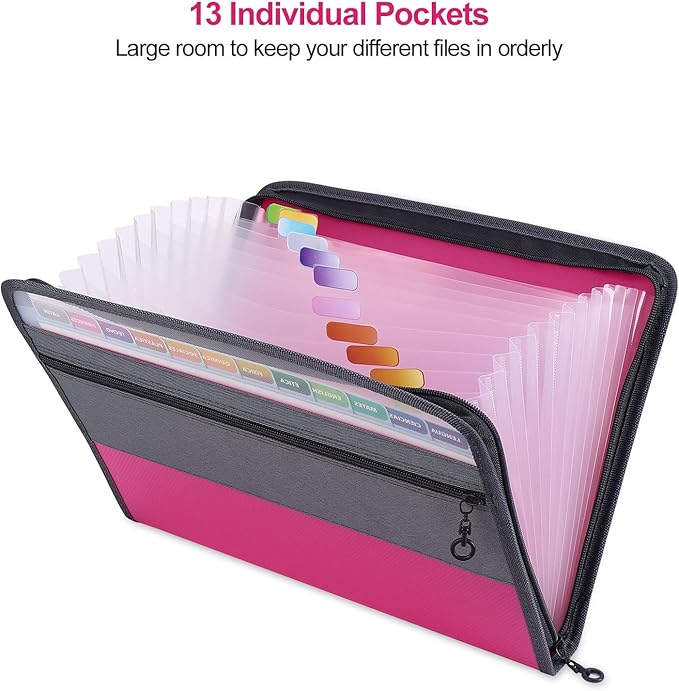 MEGREZ Expanding File Folder with 13 Pockets, A4 Paper File Folder with Zipper Color Labels, Waterproof Accordion File Folder Organizer for Home Office, Pink