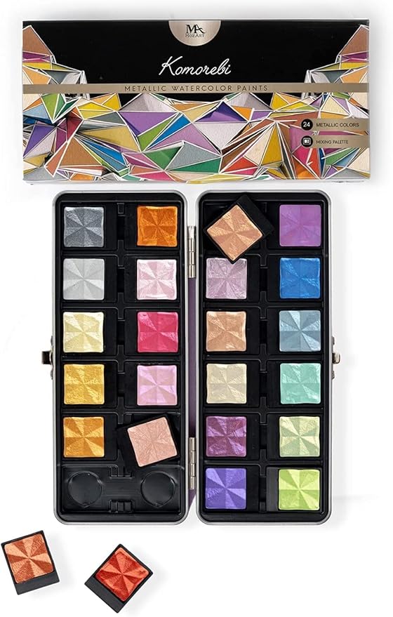 MozArt Supplies Komorebi Professional Metallic Watercolor Set - Portable Metal Box with Safety Lock and Fully Detachable Pans for Easy Customization - 24 Shimmering Colors for Arts and Crafts