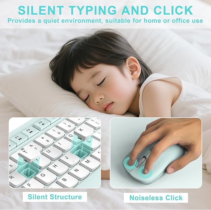 Silent Keyboard and Mouse Combo Wireless,ful-Sized Wireless Keyboard and Adjustable DPI Mouse, 2.4GHz USB Receiver, Keyboard and Mouse for PC, Windows, MAC, Desktop, Laptop (Mint Green-B)
