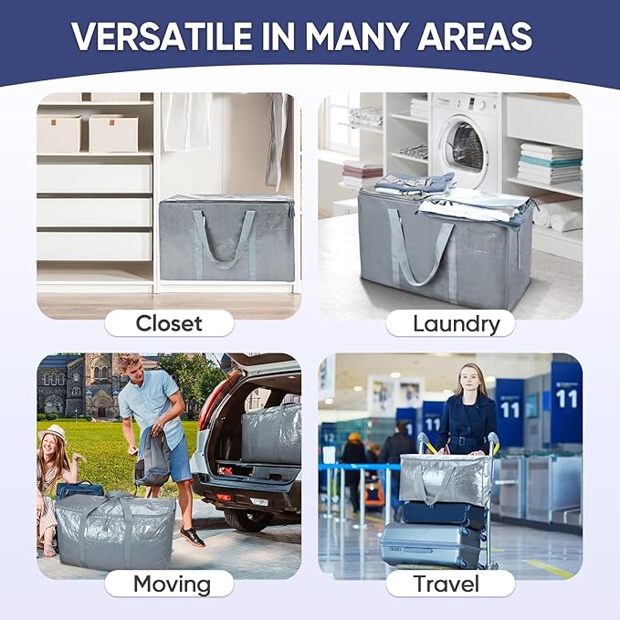 TICONN 2 Pack Extra Large Moving Bags with Zippers & Carrying Handles, Heavy-Duty Storage Tote Moving Boxes for Space Saving (2 Pack, Light Grey)