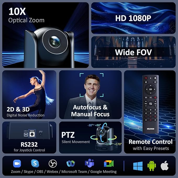 NexiGo Conference Room PTZ Camera System with 10X Optical Zoom, Remote Control, USB Output & Autofocus for Live Streaming, Meetings, Church Services, Education, for OBS/Zoom/Skype | Easy Setup