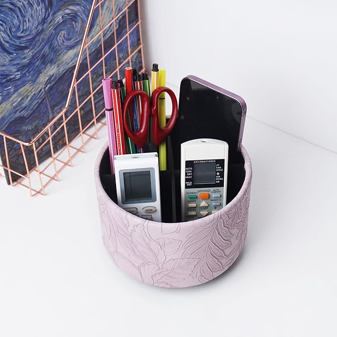 Hennaja Round Leather Art Supply Organizer,Remote Control Holder,360 Degree Spinning,Multi-Functional Pencil Holder,4 Compartments Desktop Stationary Organizer(1-Carved Purple)