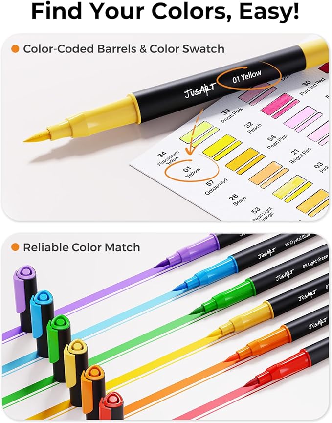 JusArt Markers for Adult Coloring Books No Bleeding, Coloring Markers with Dual Tips, Fine & Brush Pens with Ergonomic Triangle Grip & 33% More Ink, Water-Based Art Drawing Set for Adults, 60 Colors