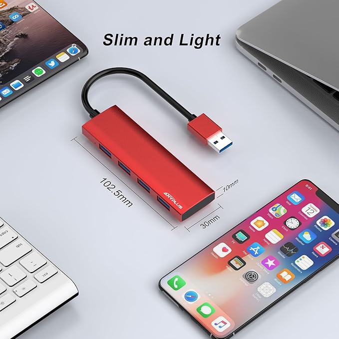 USB Hub, USB 3.0 Hub Aluminum Alloy Ultra Slim USB Splitter, Portable 4 Port USB Extender, USB Hub for Laptop, PC, MacBook, iMac, Surface Pro, Mac Pro, Flash Drive, XPS 【Red】