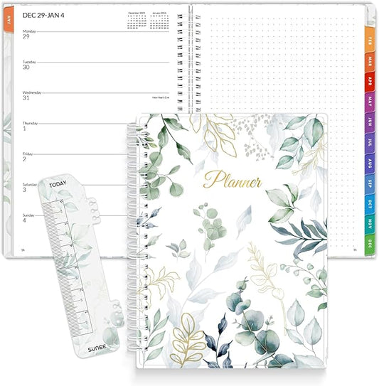SUNEE 2026 Weekly and Monthly Planner - January 2026-December 2026, 6.4" x 8.3" Half Weekly Half Note, Daily Agenda Planner with PVC Waterproof Cover, Monthly Tab, Note, Pockets, Bookmark, Leaf