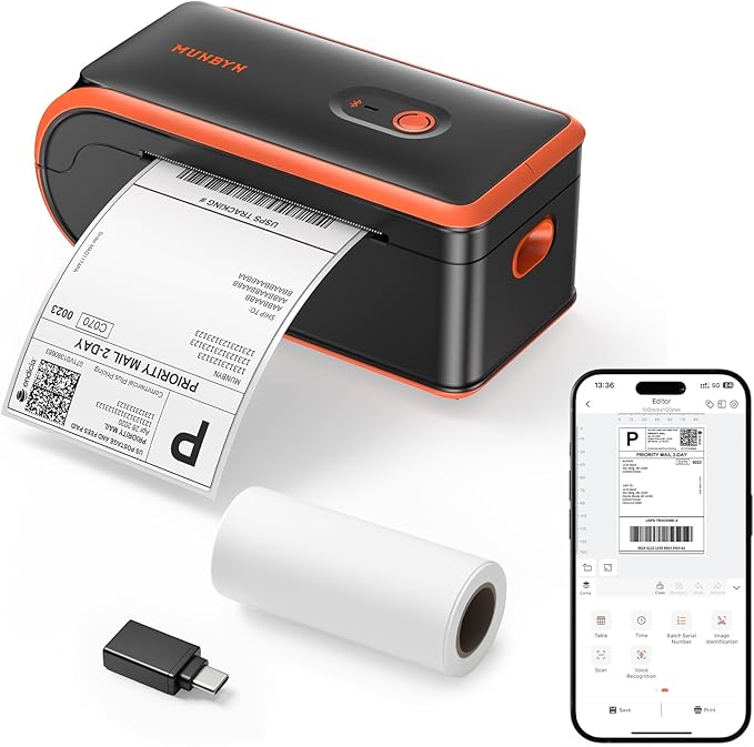 MUNBYN Bluetooth Thermal Label Printer 4x6, Wireless Shipping Label Printer with Built-in Paper Bin & Battery, Compatible with iOS, Android, Windows, Mac, Works for Amazon, Ebay, Shopify, Etsy, USPS