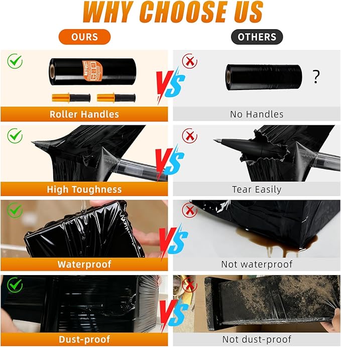 BETU Plastic Wrap Stretch Film for Moving Supplies 15inch X 1000ft, Shrink Wrap Stretch Roll Industrial for Furniture Wrapping Shipping Pallet Moving Boxes Storage with Handles, 2 Pack, Black