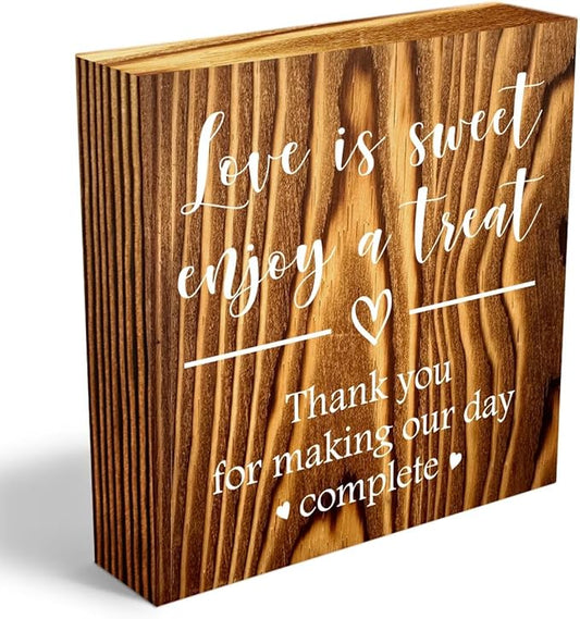 Love is Sweet Enjoy a Treat Wooden Box Sign Decorative Wedding Party Dessert Table Wood Box Sign Home Decor Rustic Square Desk Decor Sign for Shelf Burlywood