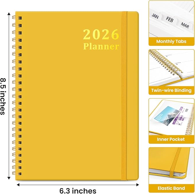 2026 Planner, Weekly and Monthly Calendar Planner, January 2026 - December 2026, Hardcover 2026 Calendar Planner Book with Tabs For Women & Men, Inner Pocket, Spiral Bound, Perfect for Office Home School Supplies - A5 (6.3" x 8.5"), Yellow