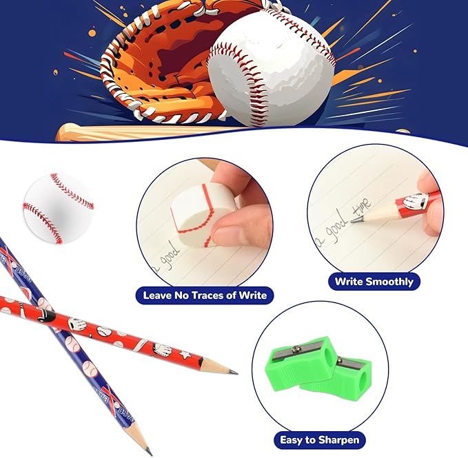 48 Pcs Baseball Pencils and Erasers Assortment Stationery Pencils for school Supplies