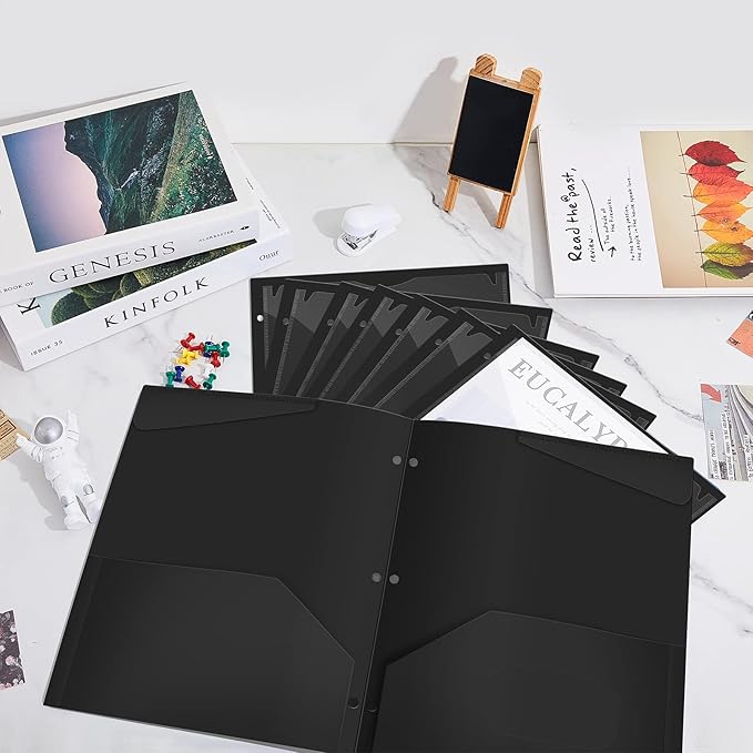 Henoyso 60 Pcs 2 Pocket Plastic Folders with Clear Front Pocket 3 Hole Punched File Folder Letter Size Take Home Documents Holder for Paper Holder Office Business Back to School Supply (Black)