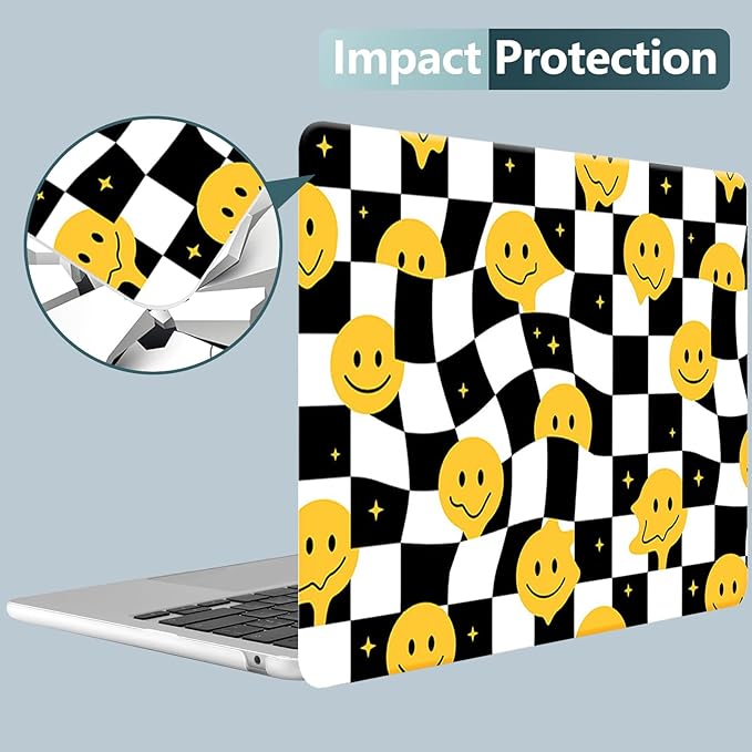KEROM Compatible for MacBook Air 13 inch Case 2025 M4, 2024-2022 M3 M2 A3240 A3113 A2681, Cute Sleek Aesthetic Plastic Hard Shell with Keyboard Cover for Mac Air 13.6 inch Case, Checkered Smiley Face