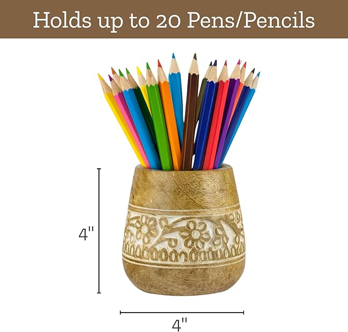 Mie Creations Designer Pencil Holder for Desk Wood | Paintbrush Holder Cup, Desk Accessories, Cute Make Up Brush Organizers | Office Desktop, Wooden Pen Stand | Stationary, Art Supplies | White-4''