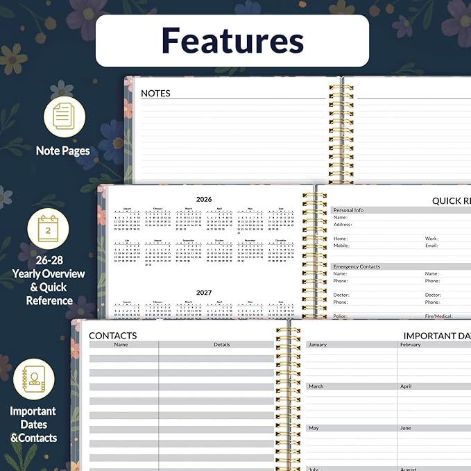 SUNEE 2026 Weekly and Monthly Planner - from January 2026 - December 2026, 8.5"x11" Daily Agenda Planner with Monthly Tab, Flexible Cover, Note Pages, Pockets, Bookmark, Spiral Binding, Navy Flower