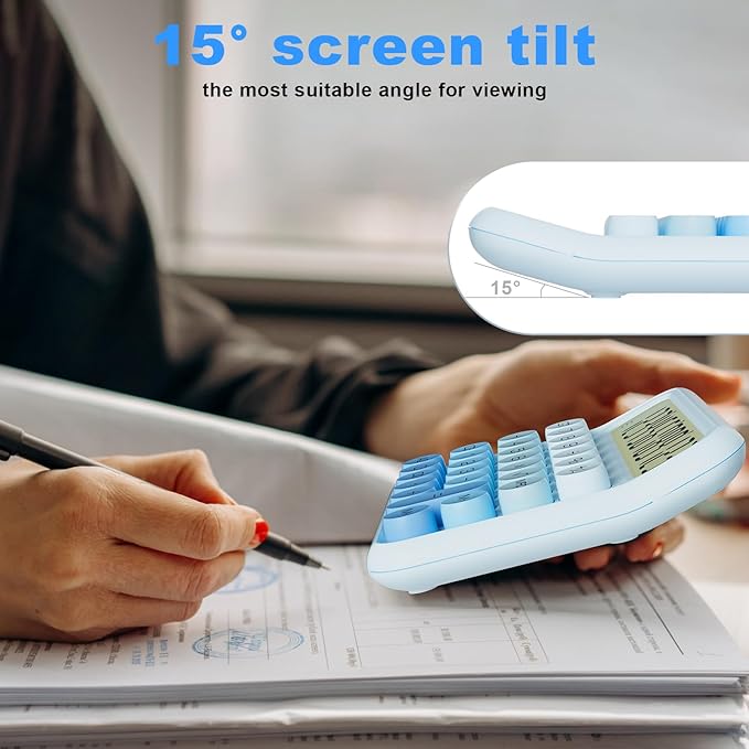 Mechanical Calculator 12 Digit Extra Large 5-Inch LCD Display, DECKLIT Battery Desk Calculator, Big Buttons Easy to Press Office Calculators Desktop, 15°Tilt Screen for Kids Calculator(Ice Blue)