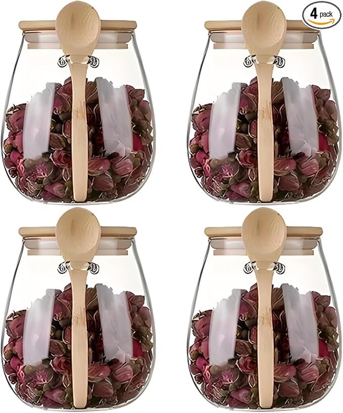 Airtight glass jar storage container with bamboo lid Set of 4, wide mouth, leak-proof, With a spoon, can be used for coffee beans, tea leaves, grains, dried fruits, etc (Middle*4pcs)