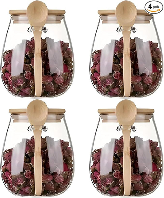 Airtight glass jar storage container with bamboo lid Set of 4, wide mouth, leak-proof, With a spoon, can be used for coffee beans, tea leaves, grains, dried fruits, etc (Middle*4pcs)