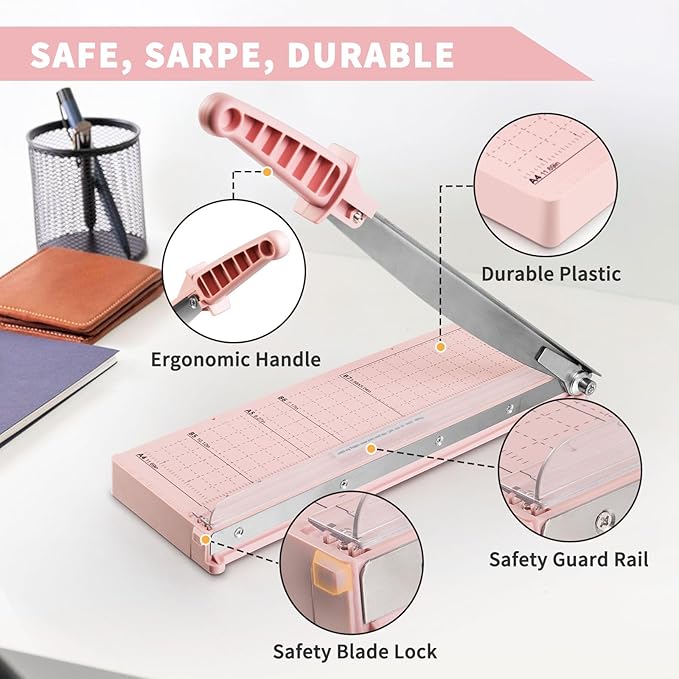 MAKEASY Paper Cutter 12 Inch, Guillotine Paper Cutter with 8 Sheet Capacity, Heavy Duty Paper Cutter for Cardstock, Paper Trimmer for Crafting, Classroom and Office, Pink