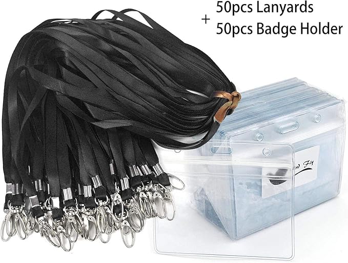 Lanyard with ID Holder 50 Pcs Waterproof Name Tag Horizontal Badge ID Card Holders ID Pass Holder and 50 Pcs Flat Neck Black Lanyards Swivel Hook