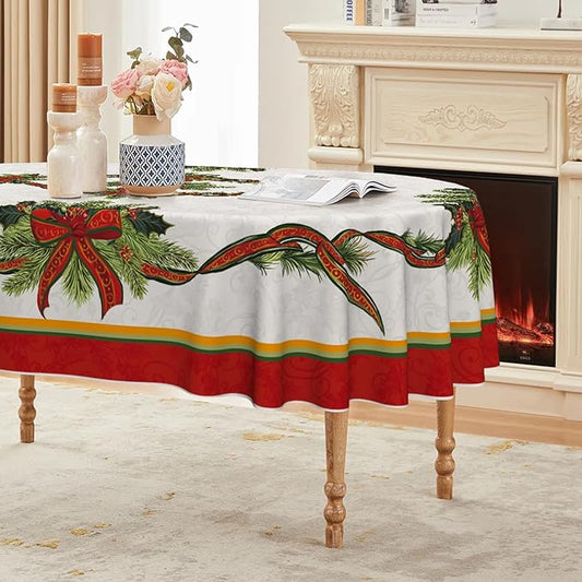 Horaldaily Christmas Tablecloth 60×84 Inch Oval, Poinsettia Golden Ribbon Washable Table Cover for Party Picnic Dinner Decor