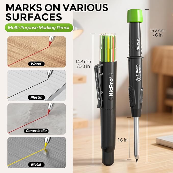 Nicpro 12 Pcs Carpenter Pencil 2.8mm Lead Refills, Replacement Lead Dispenser (including 4x Black, Red, Yellow), Break Resistant 2.8 mm Leads for Construction Pencils, Woodworking Pencils