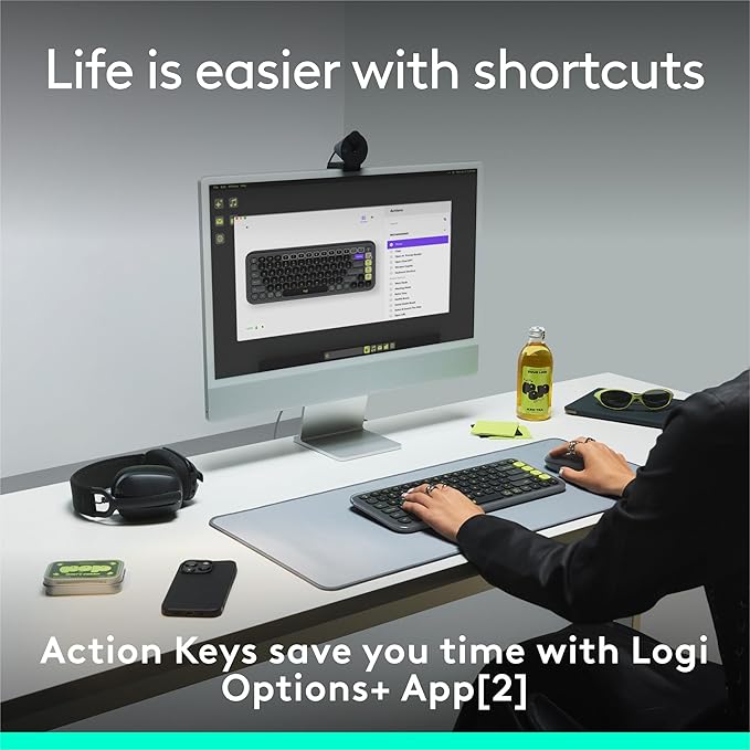 Logitech POP ICON Keys Wireless Bluetooth Keyboard, Comfortable Typing, Programmable Keys, Easy-Switch Between up to 3 Devices, for Laptop, Tablet, PC – Graphite and White