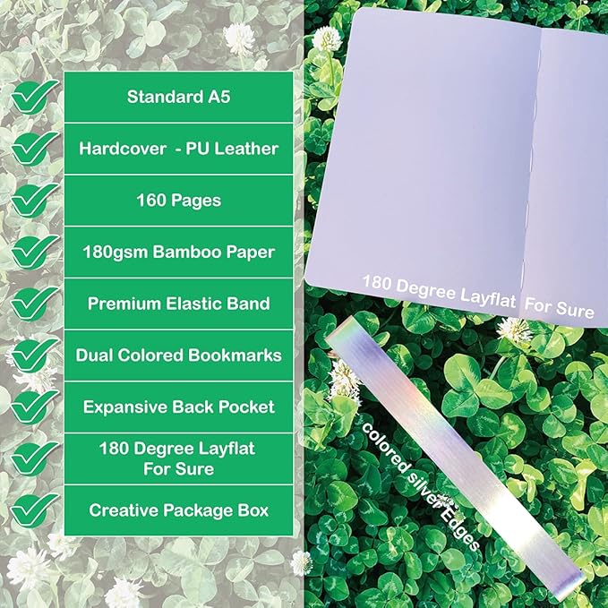 Dotted Notebook Journal 180GSM Bamboo Thick White Paper 160 Pages 5 * 5MM Dot Grid, Lay Flat Binding,Colored Silver Edges, Bookmarks and Expandable Back Pocket (BKP-2)