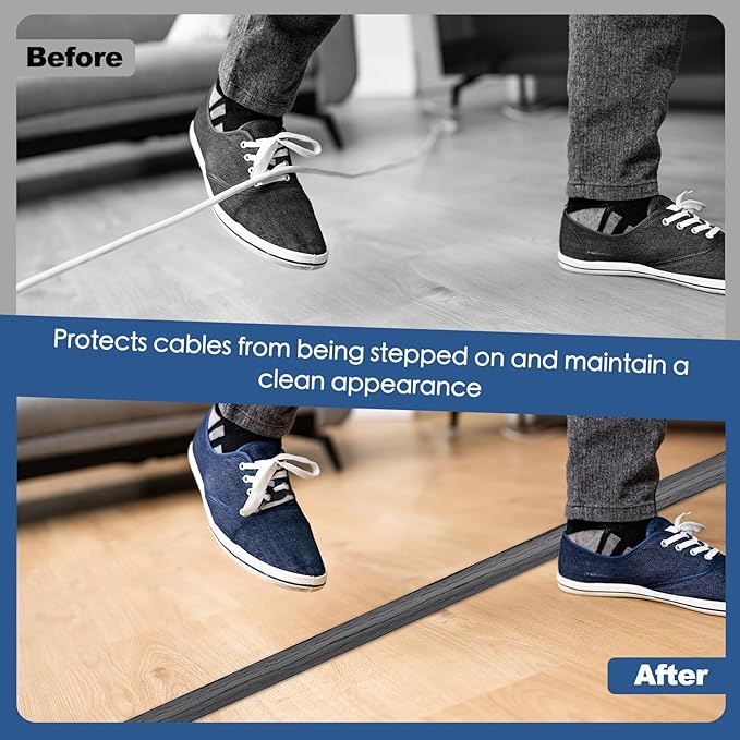 Floor Cord Cover for Wires on Floor Self Adhesive Cord Hider Floor Cable Management Wire Covers for Cords Protector Prevent Cable Trips Cord Cavity W 0.47" x H 0.27", Deep Gray Wood, 10Ft