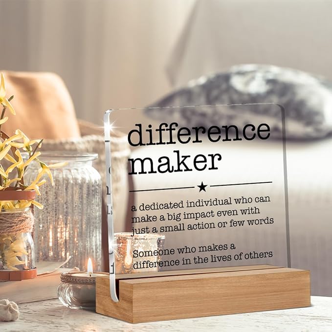 Appreciation Gifts for Leader Boss Mentor Coworker Teacher Difference Maker Gift Difference Maker Definition Clear Desk Decorative Sign Acrylic Sign With Wooden Stand for Desk Table Shelf