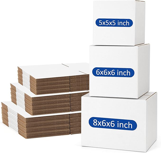Assorted-Sizes-Shipping-Boxes-45-Pack: 5x5x5 & 6x6x6 & 8x6x6 Small-Shipping-Boxes-Mailers, White Corrugated-Cardboard-Boxes-for-Packing-Small-Business Mailing