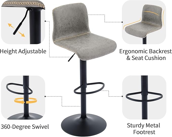 HeuGah Swivel Bar Stools Set of 2, Adjustable Counter Height Barstools with Back, Gray Faux Leather Bar Chairs for Kitchen Island (Gray, Set of 2 (24'' to 32''))