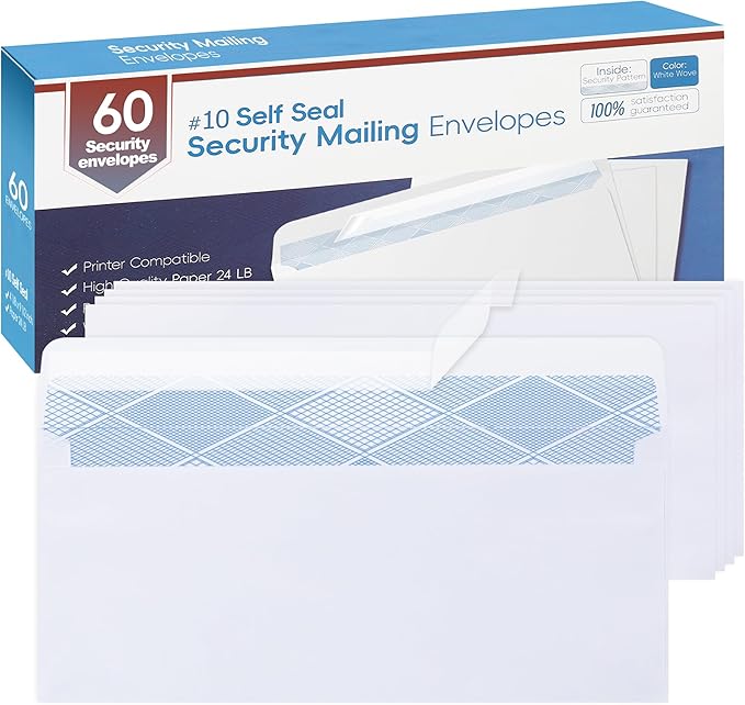 Yeplan 60PCS #10 Envelopes Letter Size Self Seal Business Envelopes No Window Security Mailing Envelopes Size 4-1/8 x 9-1/2 Inch - White 24LB Paper