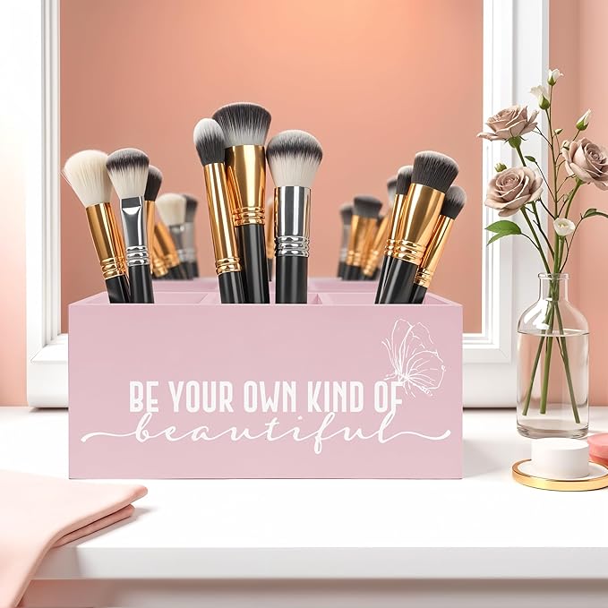 Be Your Own Kind of Beautiful Makeup Brush Toothbrush Holder, Pink Inspirational Wooden Pen Pencil Holder Organizer for Dorm Bedroom Desk Accessories, Back to School Gifts for Girls