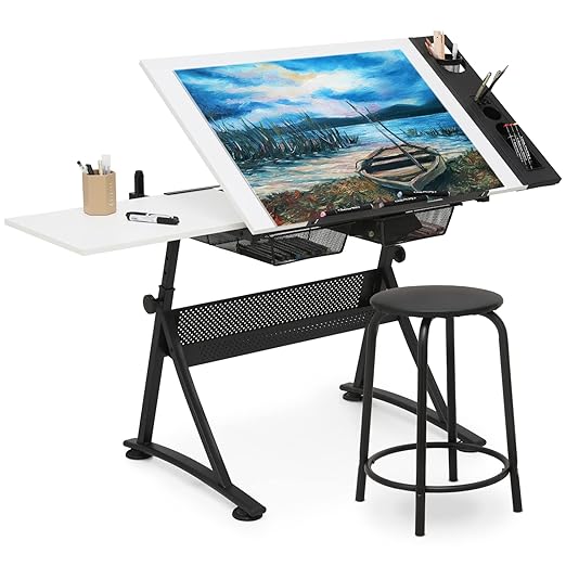 MoNiBloom Art Deco Drafting Table, Height-Adjustable, Tiltable Tabletop, Stool for Reading Writing Painting, Homeschooling Desk for Children with 2 Storage Drawers