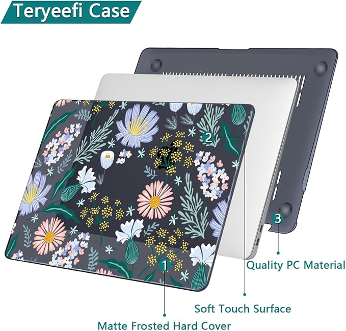 Teryeefi for MacBook Pro 13 inch Case 2024,2022-2016 Release Model M2 M1 A2338 A2289 A2251 A2159 A1989 A1706 with Touch Bar, Design Hard Shell Cover with Keyboard Cover, Elegant Flowers Leaves