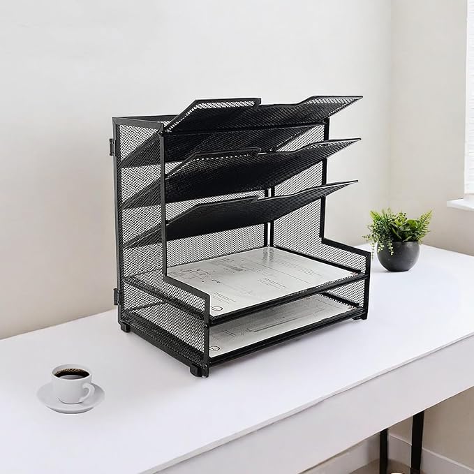 5 Tier Metal Mesh Desk Organizer, Office Desktop File Organizer, Paper Tray Organizer for Home Office Furniture, Black